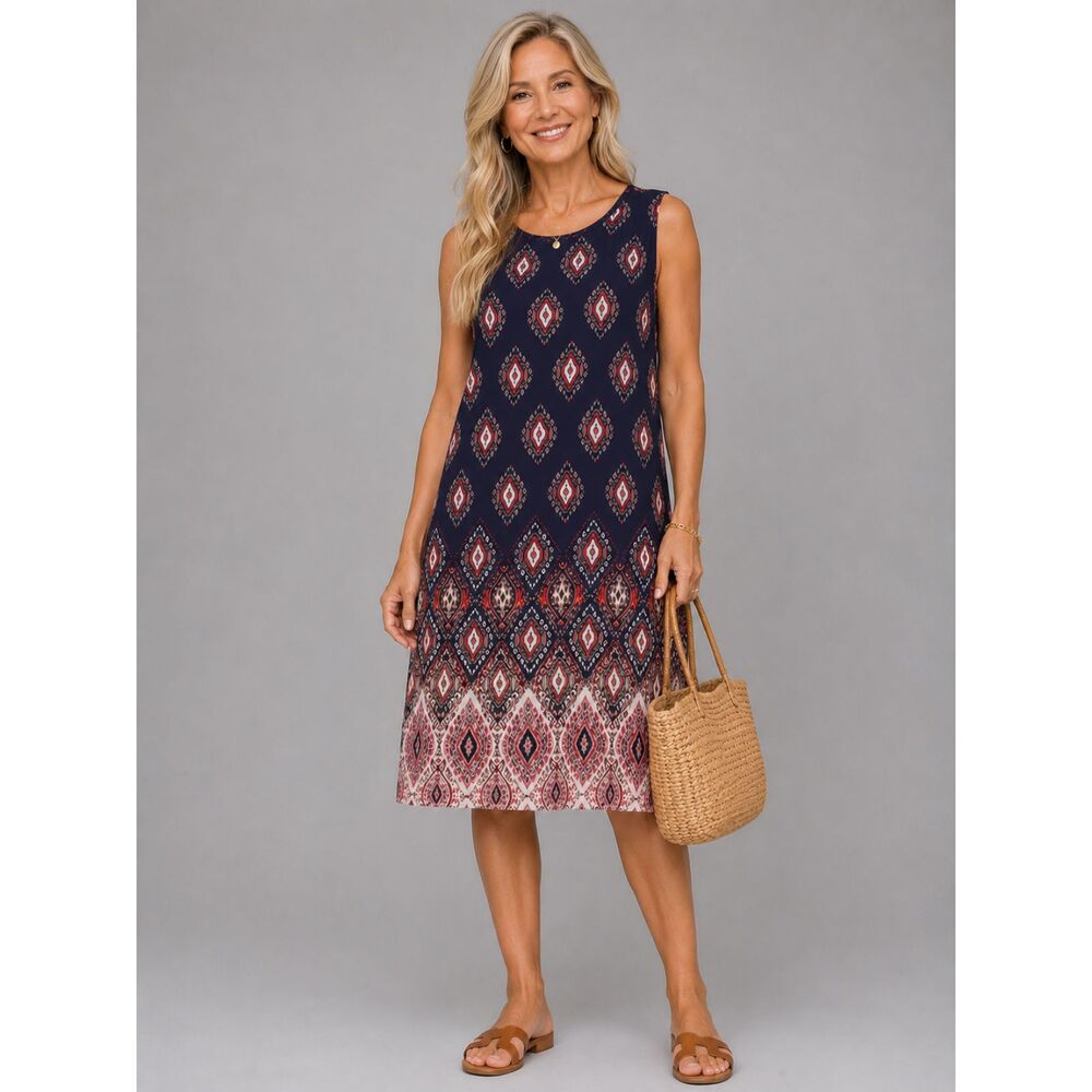 Dana Buchman Sleeveless Shift Dress Medium Navy Pink Geometric Print Lined